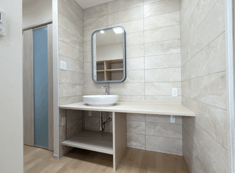 落ち着きと清潔感を兼ね備えた、天然石調タイルの洗面スペース